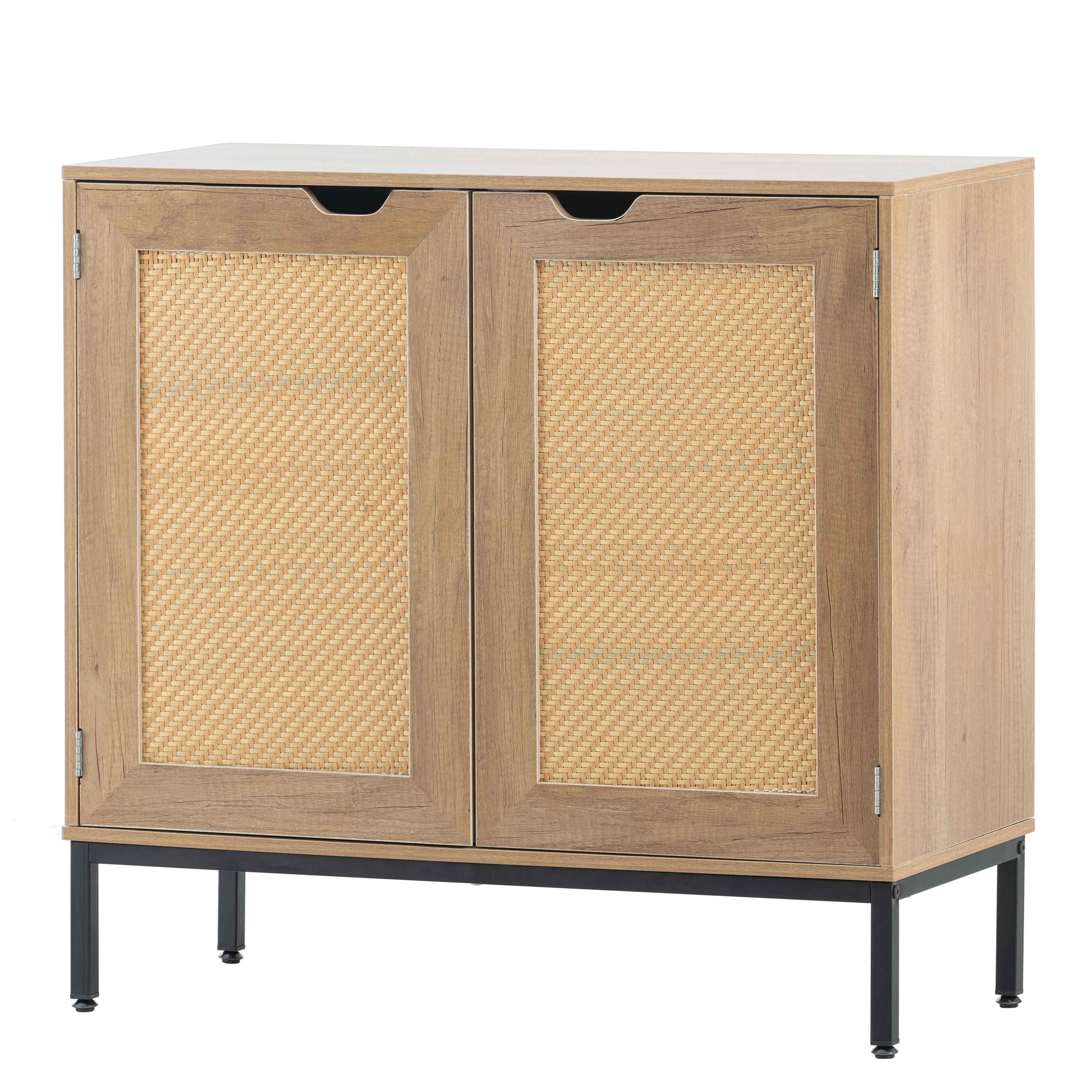 Mid-Century Rustic Sideboard with Rattan Doors - Natural Wood Accent Cabinet for Living Room