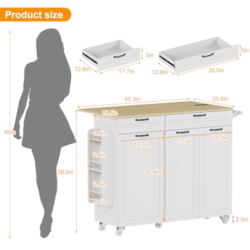 Rolling Kitchen Island with Power Outlet & Drop Leaf, Kitchen Island Cart with Trash Storage Cabinet,Kitchen Rolling Island with Spice Rack & Towel Rack, Knife Holder, Mobile Island Table for Kitchen