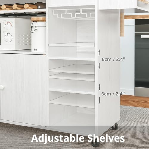 IRONCK Rolling Kitchen Island Cart with Drop-Leaf and Wine Rack, Microwave Rack Serving Cart on Wheels with Drawer & Shelves & Spice Rack & Cup Hanging, White