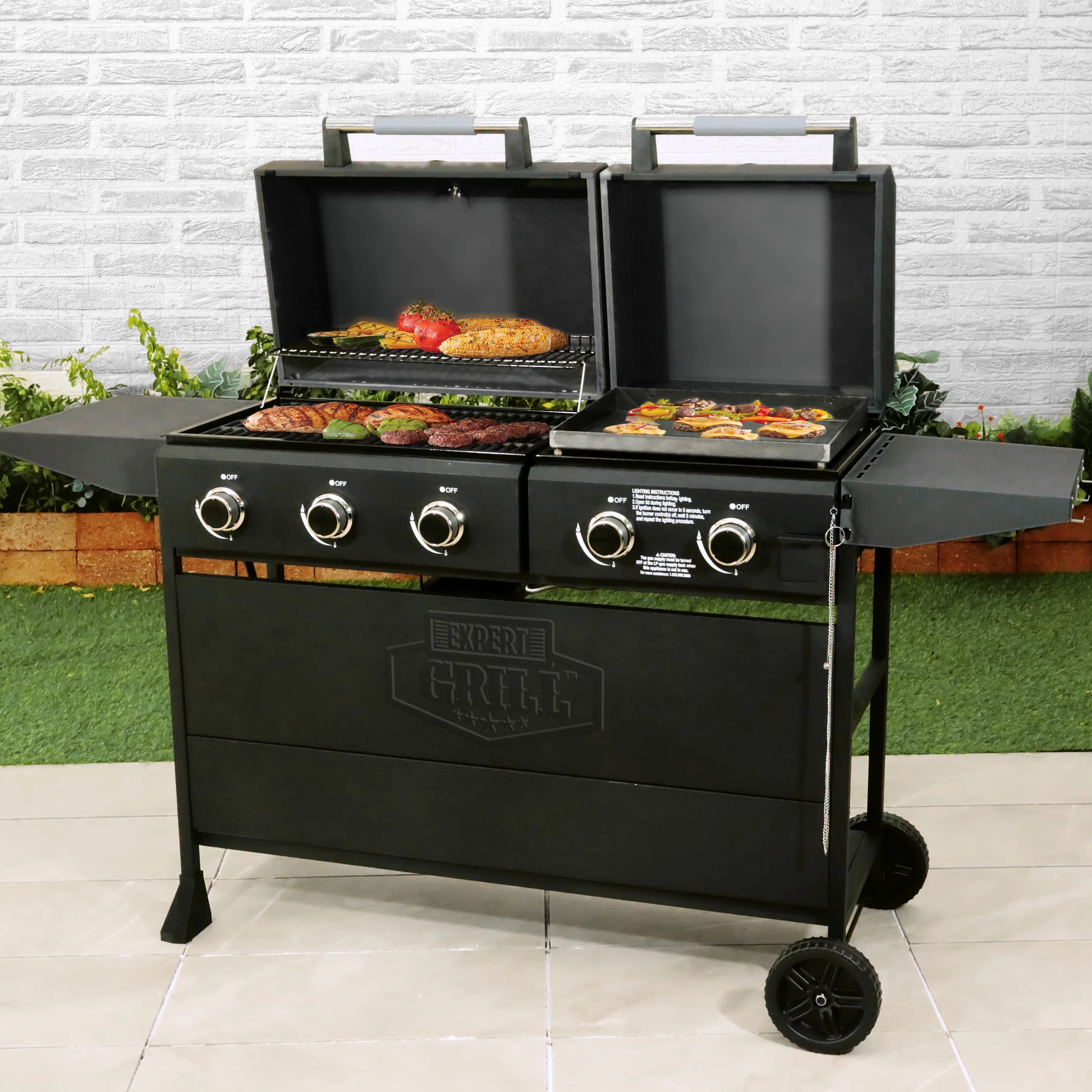 Expert Grill 5 Burner Combination Propane Gas Grill and Propane Griddle Grill, Black