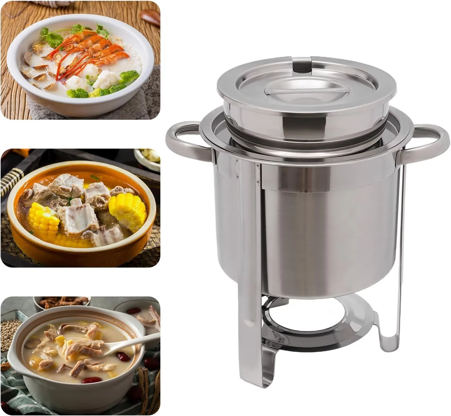 MIDUO 4.23-Quart Stainless Steel Round Soup Warmer With Pot Lid and Electric Heating Plate