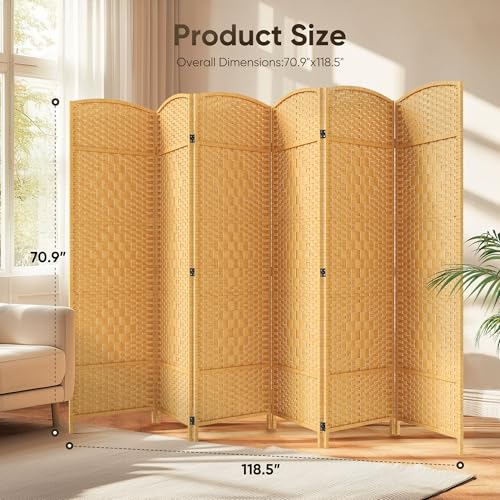 JOSTYLE Folding Privacy Room Divider, 4 Panel Screen Divider 6 ft. Tall Freestanding Extra Wide Rattan Room Partition Wall Separation Dividers, Grey