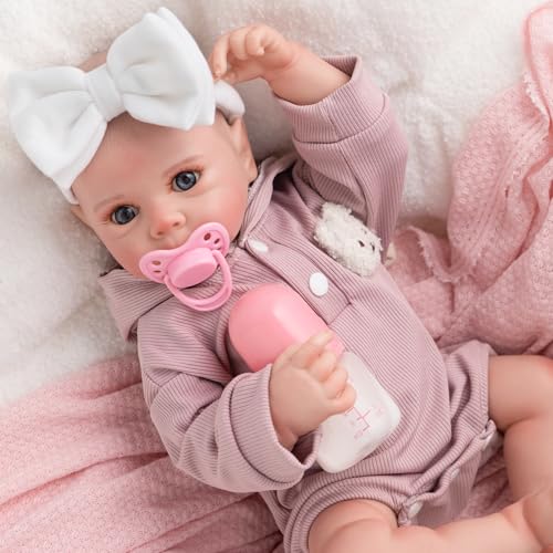 Jirachi Realistic Reborn Baby Dolls, Sleeping Baby Pink Girl Real Life Soft Cloth Body, 18 Inch Lifelike Reborn Baby with Feeding Accessories for Kids