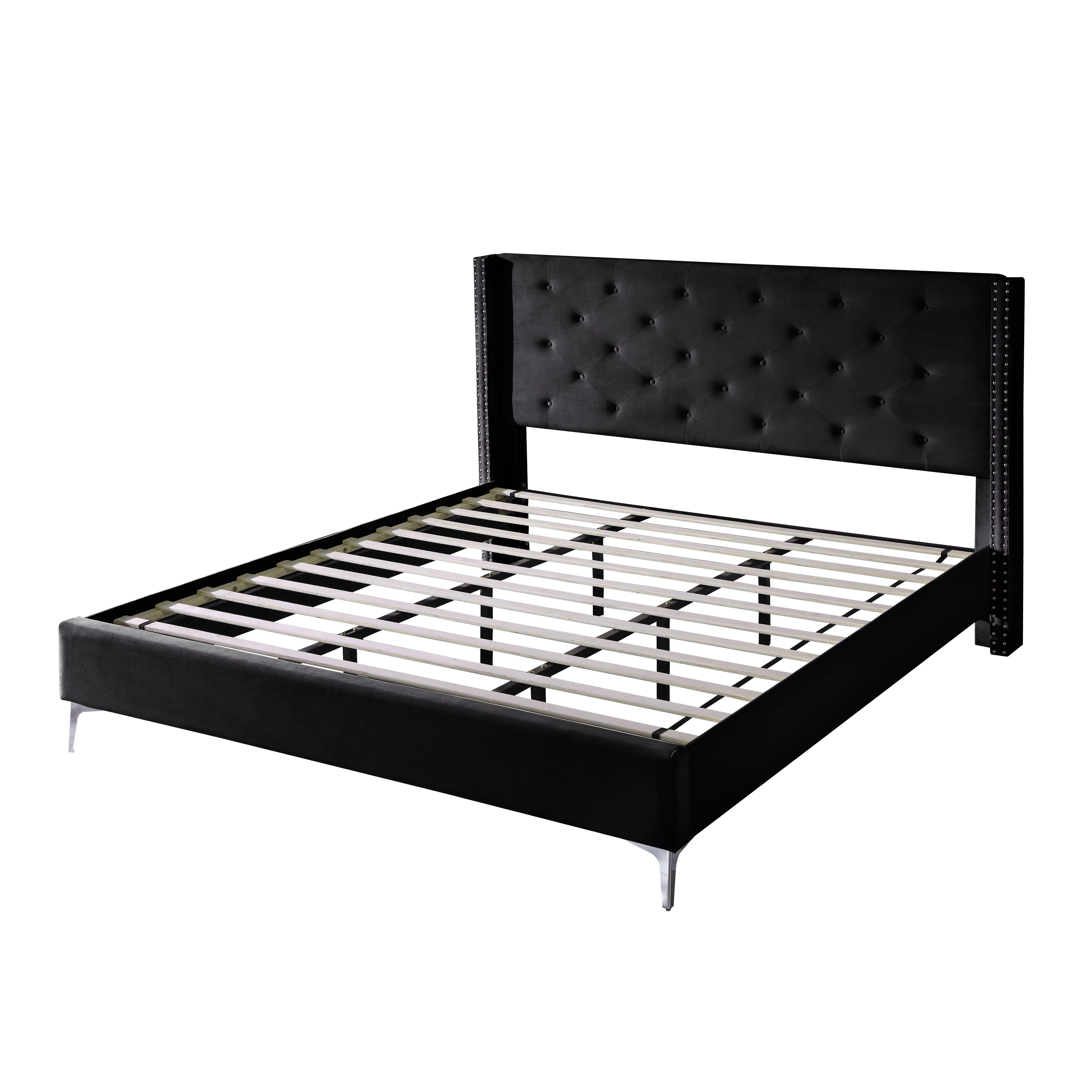 Morden Fort Wood Platform Bed Frame with Upholstered Headboard King Black