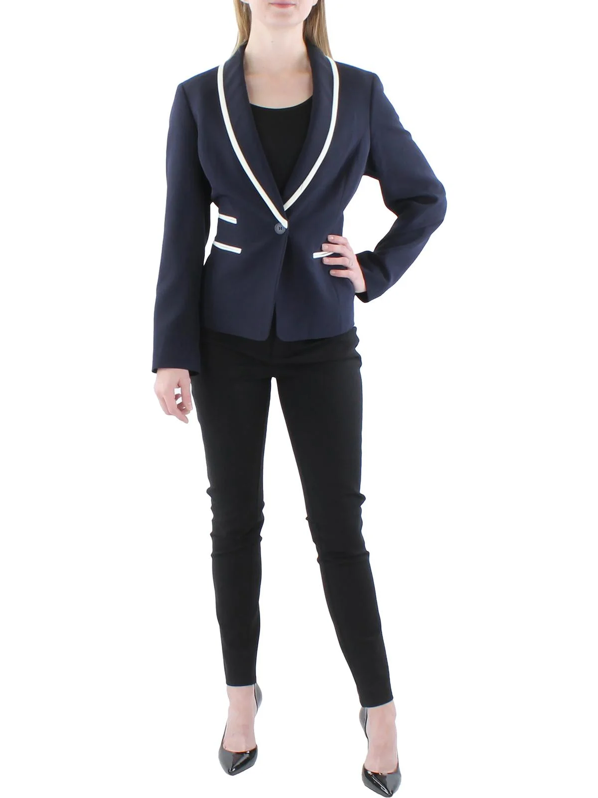 Le Suit Womens Petites Knit Contrast Trim One-Button Blazer
