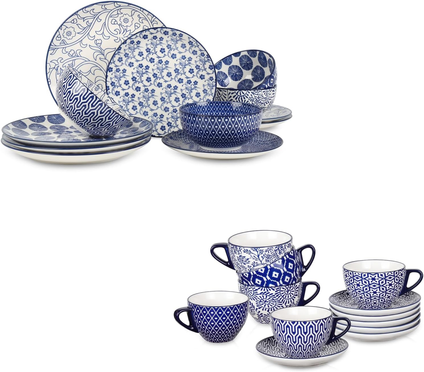 Selamica Ceramic Dinnerware Sets 12 Piece + 8 OZ Cappuccino Cup Set with Saucers, Vintage Blue