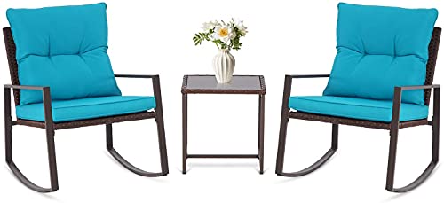SUNCROWN 3 Piece Outdoor Rocking Bistro Set Black Wicker Furniture Porch Chairs Conversation Sets with Glass Coffee Table, Beige