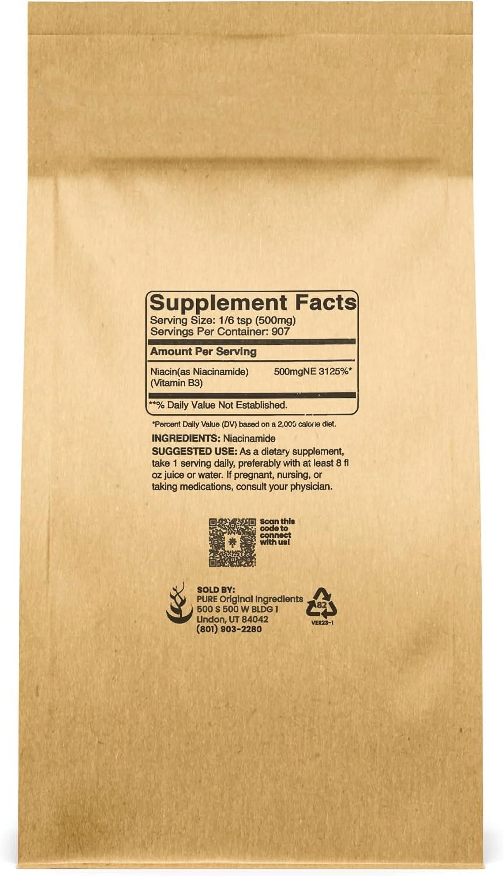 Pure Original Ingredients Niacinamide (1lb) Vitamin B3 Flush-Free Gluten-Free 16 Ounce (Pack of 1)