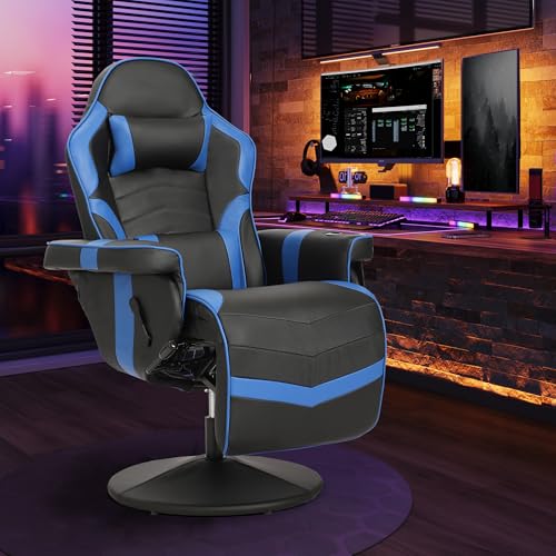 Massage Gaming Recliner Chair with Cup Holder & Side Pockets – Ergonomic PU Leather Video Gaming Chair with Footrest, Manual Recline, Headrest & Lumbar Support for Office or Game Room (Grey)