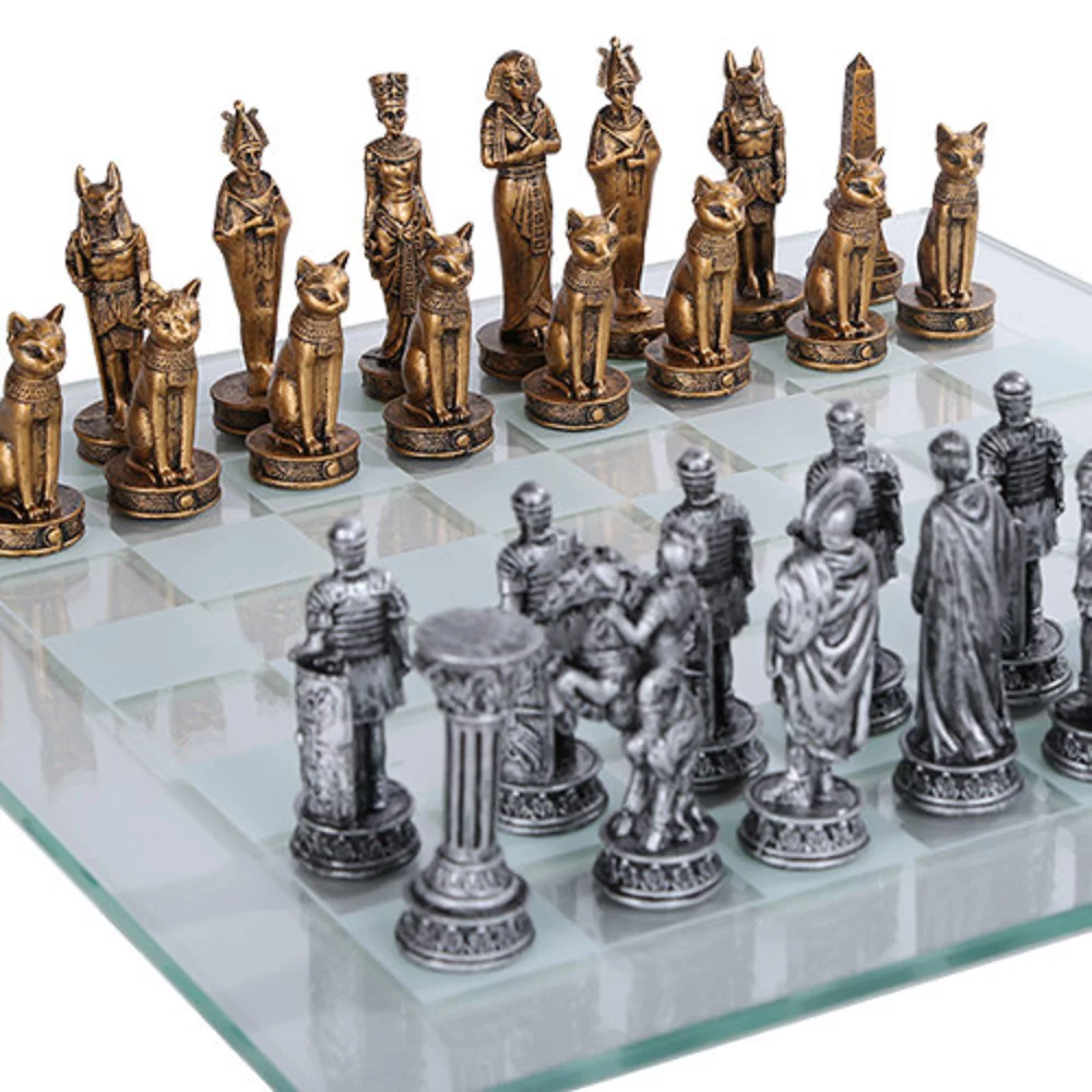Pacific Trading Egyptian vs Roman Chess Set with Glass Board New
