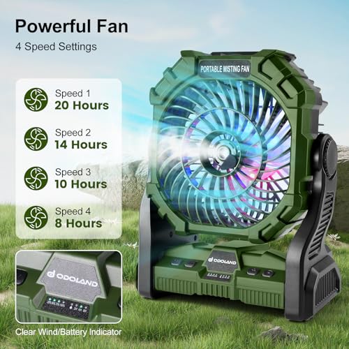 Odoland Portable Misting Fan with LED Light, 20000mAh Battery Operated Rechargeable Camping Mister Fan with 250mL Water Tank and Hook, Outdoor Tent Cooling Mist Fans for Patios Beach Home, Orange
