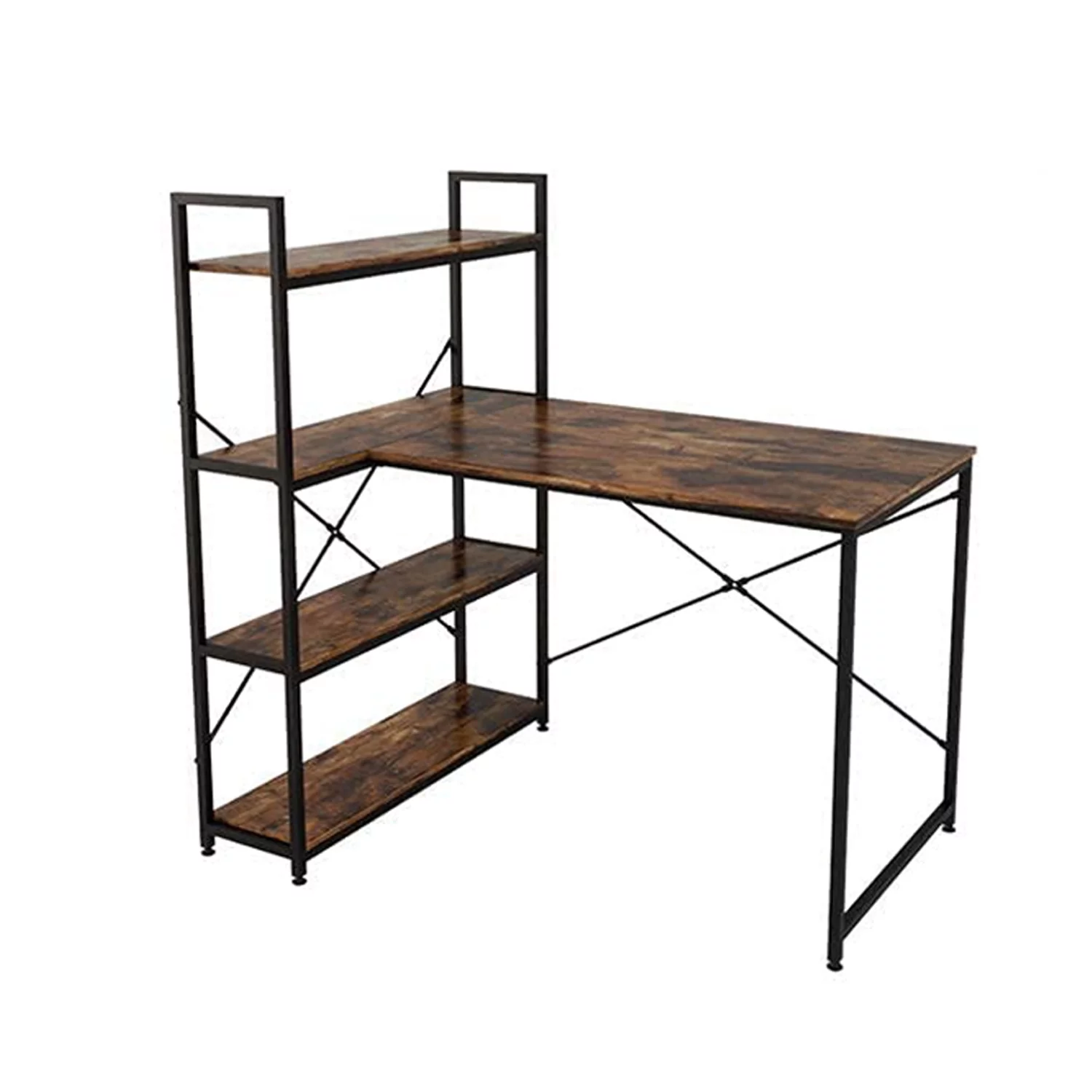 Nost & Host L Shaped Contemporary Computer Desk with Shelves, Rustic Brown