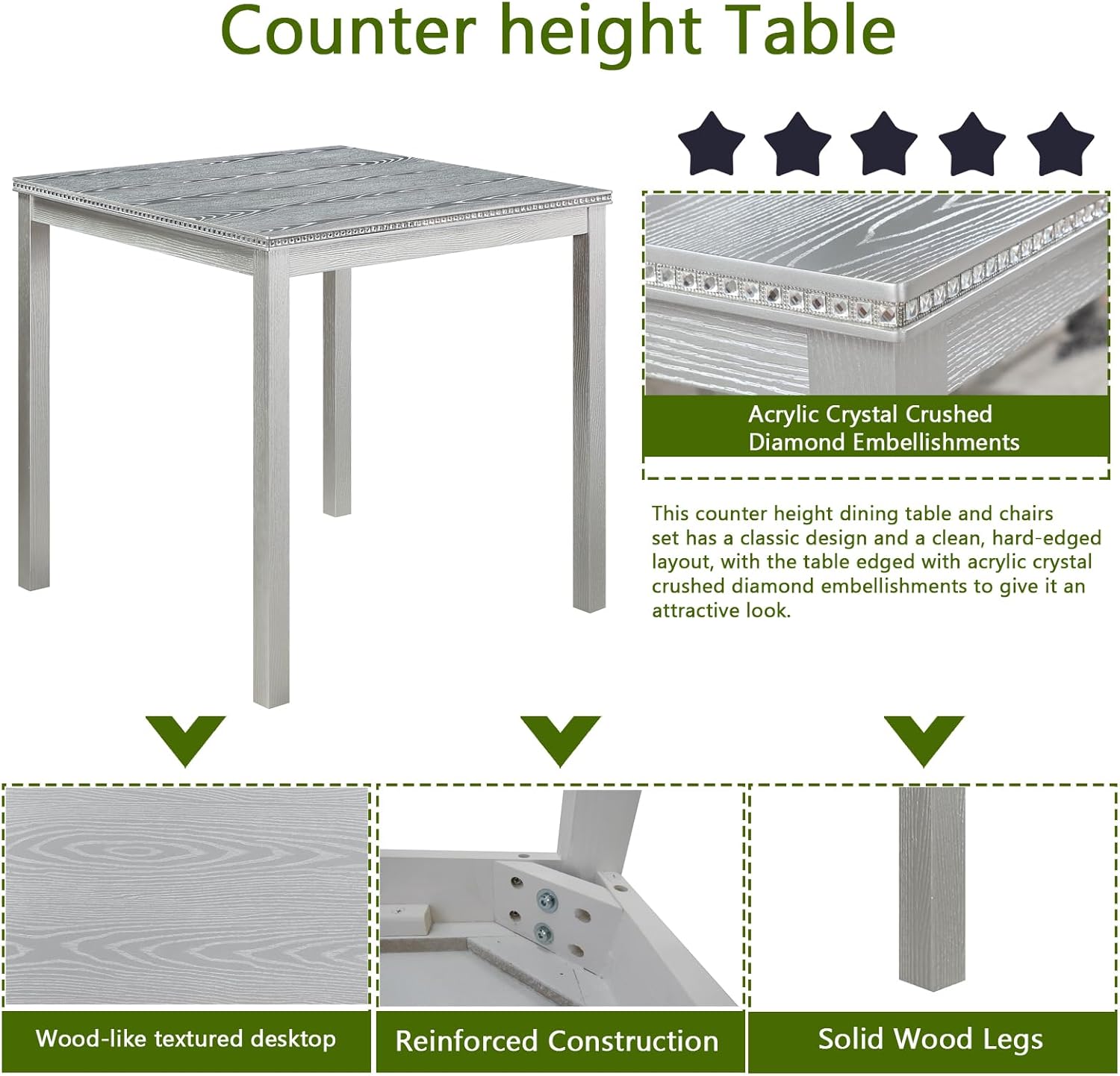 5-Piece Acacia Wood Counter Height Dining Table Set, 34.50'' Square Dining Table and 4 Upholstered-Seat Chairs, 4 Person Kitchen Dining Room Furniture Dinette Table Set, Space Saving (Grey-A2)