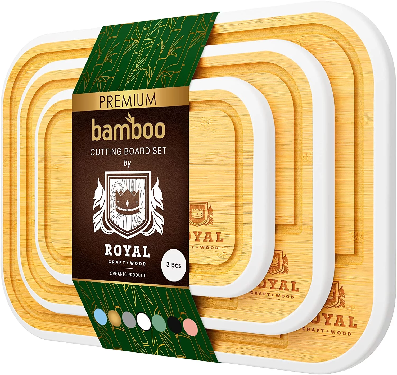 Bamboo Cutting Board with Juice Groove (3-Piece Set) - Best Kitchen Chopping Board for Meat (Butcher Block) Cheese and Vegetables (White)