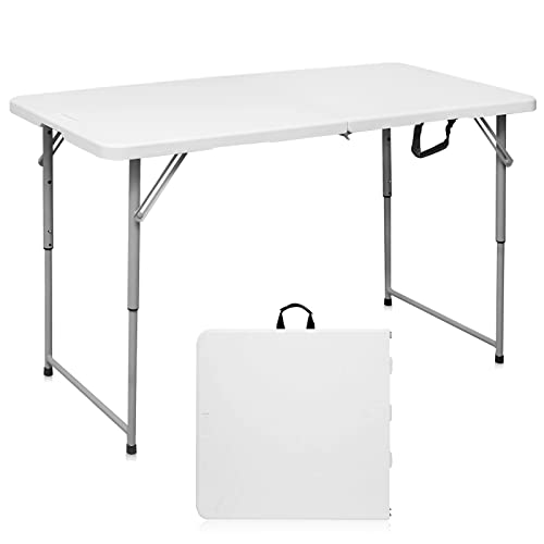 Folding Table 4 Foot Portable Heavy Duty Plastic Fold-in-Half Utility Table Small Indoor Outdoor Adjustable Height Folding with Carrying Handle, Camping and Party,White