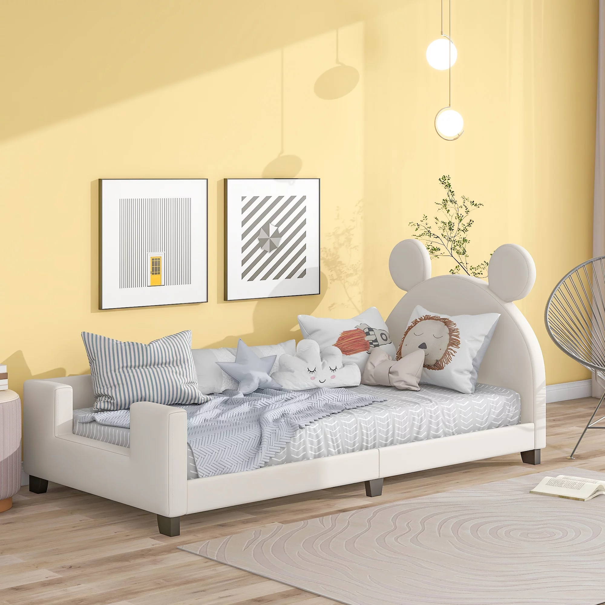 Euroco Mickey Mouse Shaped Twin Size Upholstery Daybed with Headboard for Kids Bedroom, White