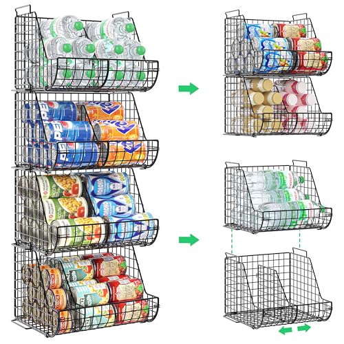 4-Tier Stackable Soda Can Organizer with 4 Adjustable Dividers, Can Storage Organizer for Pantry shelves, Kitchen Can Dispenser, Can Holders for Pantry, Wire Soda Dispenser for Cabinets Shelf
