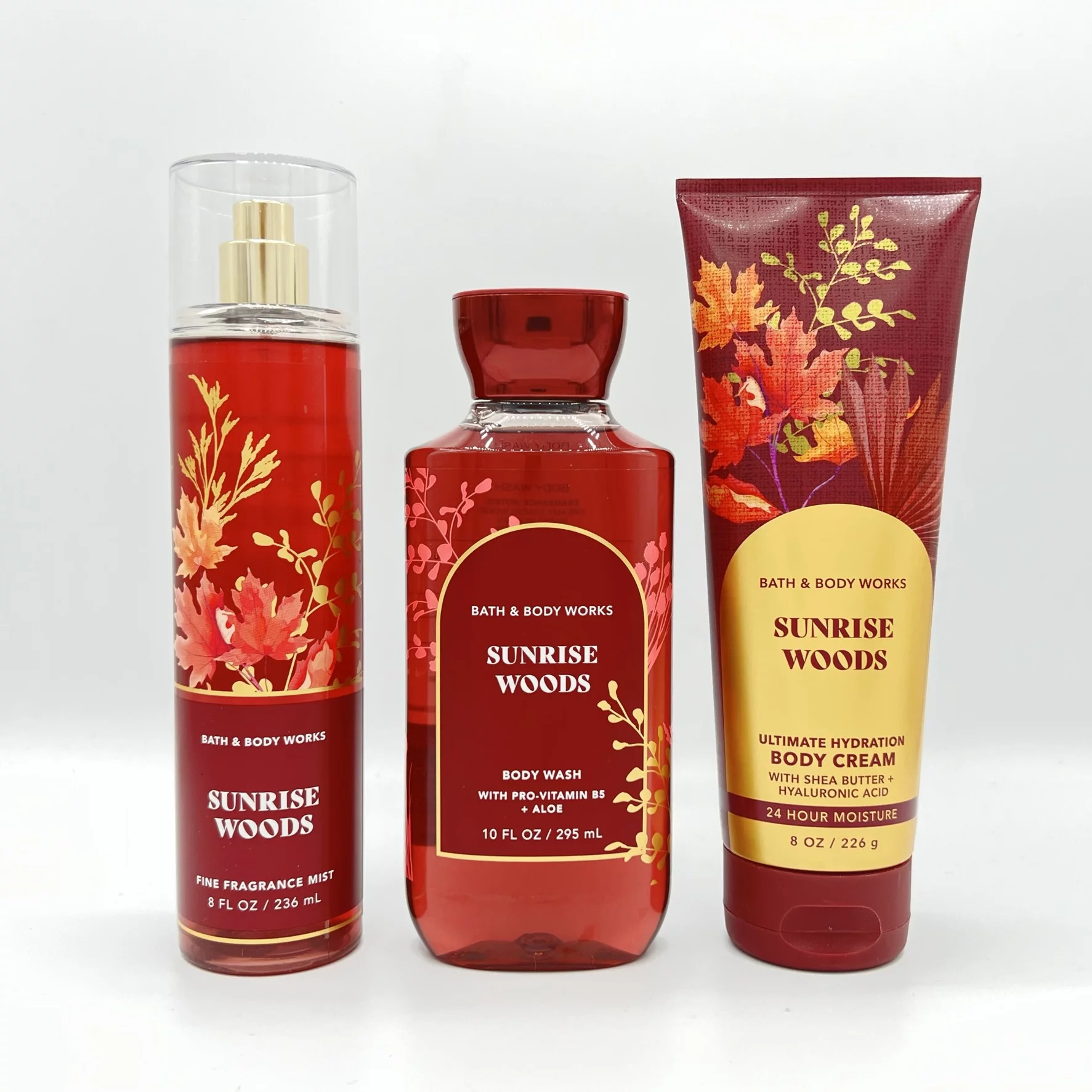 Bath & Body Works Sunrise Woods Fine Fragrance Mist, Body Wash and Body Cream 3-Piece Bundle