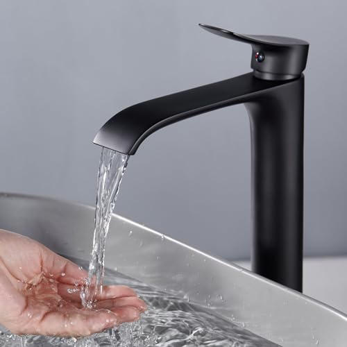 Brushed Nickel Vessel Sink Faucet, Single Handle Modern Waterfall Tall Bathroom Sink Faucet, Brass, 1 Hole, 1 Handle, Deck Mount, Vessel Install, Includes Supply Hoses, Drain, Manual