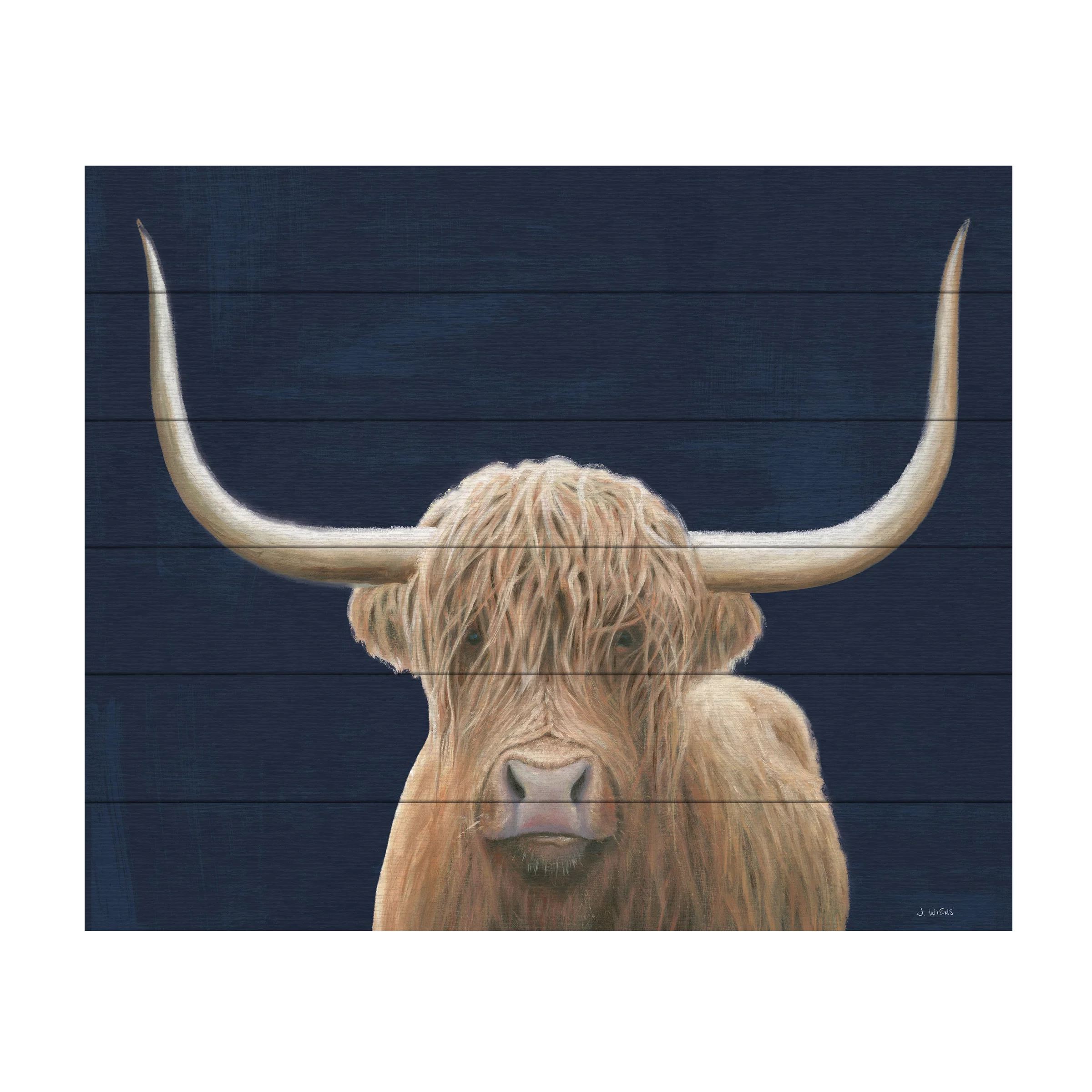 James Wiens 'Highland Cow Navy' Wood Slat Art 18x22