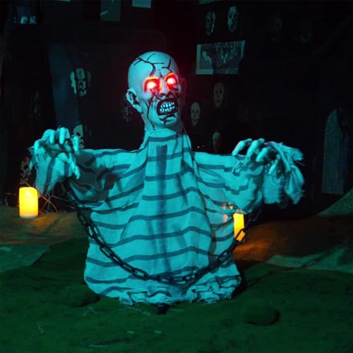 Halloween Zombie Groundbreaker Decoration,Scary Animatronics Zombie Prisoner with Glowing Eyes and Sounds for Outdoor Graveyard Haunted House Decor,Sounds Activated Animated Swing Body Zombies Props