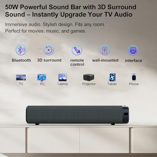 Sound Bar for Smart TV with 3D Surround Sound – 50W Bluetooth Soundbar with Bluetooth, ARC, Optical, and AUX Connectivity, Remote Control, Wall-Mountable, Compatible with TV, PC, and Phone