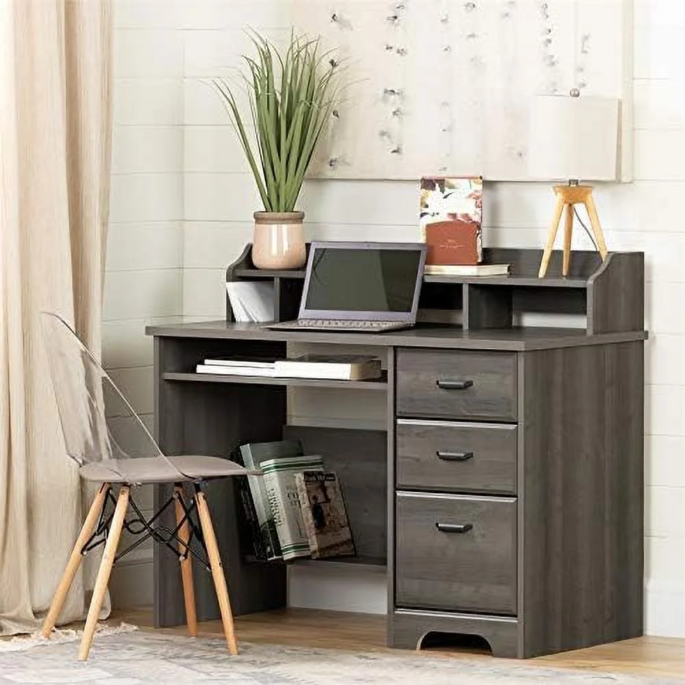 Rustic Computer Desk With Keyboard Tray, Modern Wood Writing Desk With Drawers And Shelves For Home Office, Dark Grey