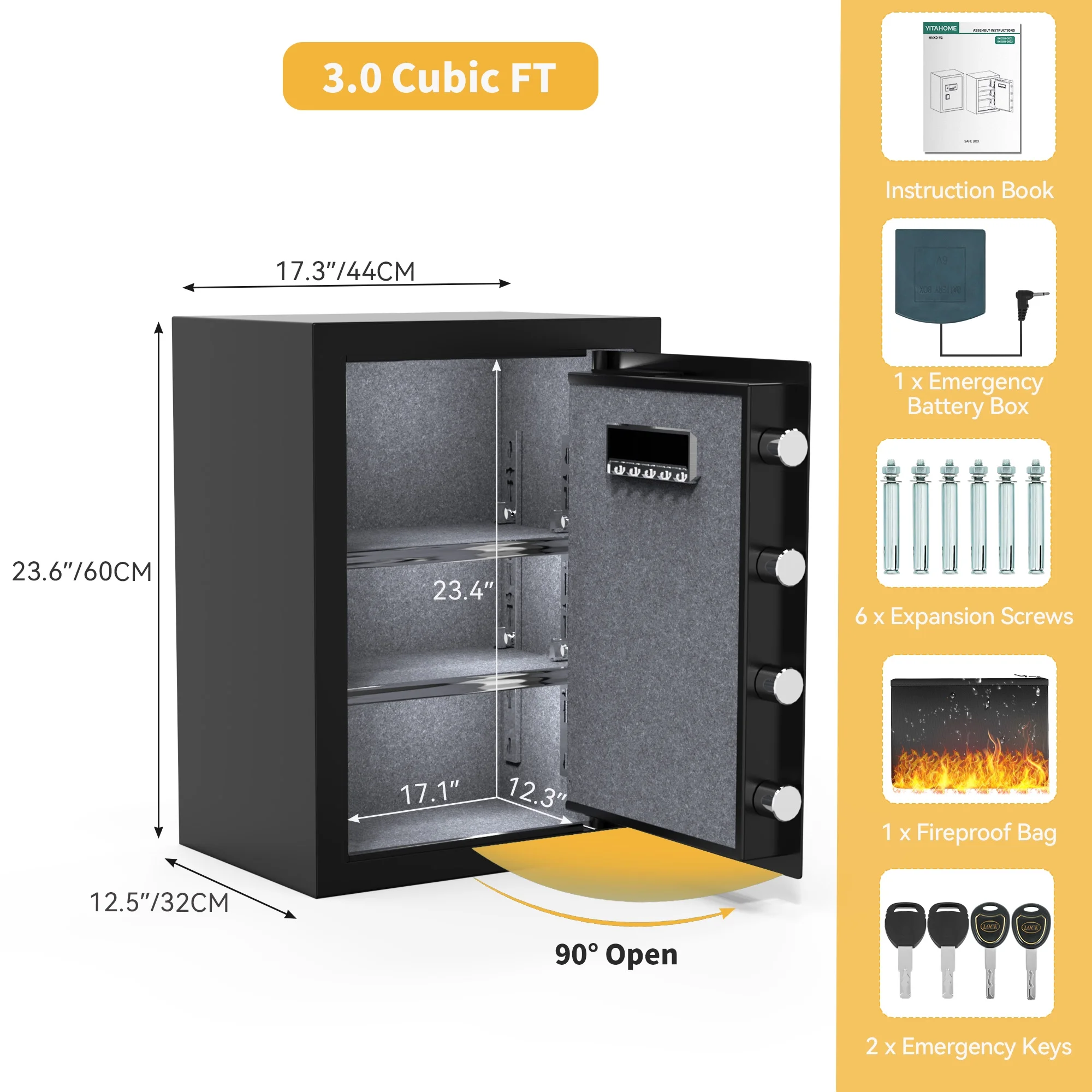 Dextrus Large Security Safe Box, 3 CU.FT Fingerprint Safe Box with Digital Keypad,Water and Fire Resistant bag and Adjustable Shelves for Documents and Valuables in Homes, Offices, and Hotels - Black