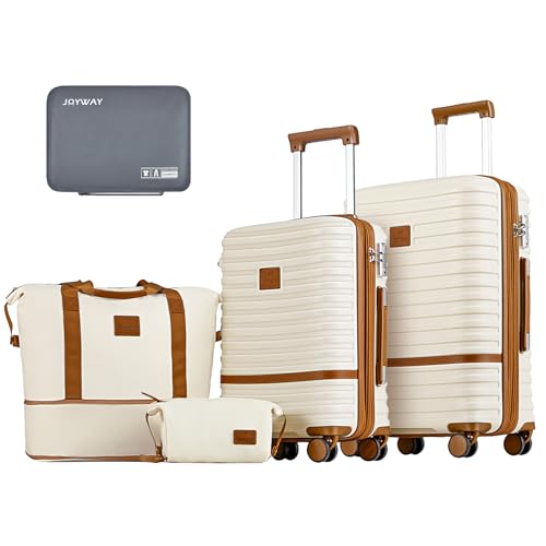 Joyway Carry On Luggage 20 Inch Expandable Suitcase with Spinner Wheel, 4 Piece Hard Shell Luggage Set with TSA Lock(White brown)