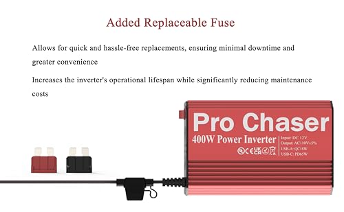 Pro Chaser 400W Vehicle Power Inverter - 12V DC to 110V AC Car Converter, Dual AC Outlets, USB-A QC 18W & USB-C PD 65W Ports, Road Trip Charging Companion with Replaceable in-Line Fuse