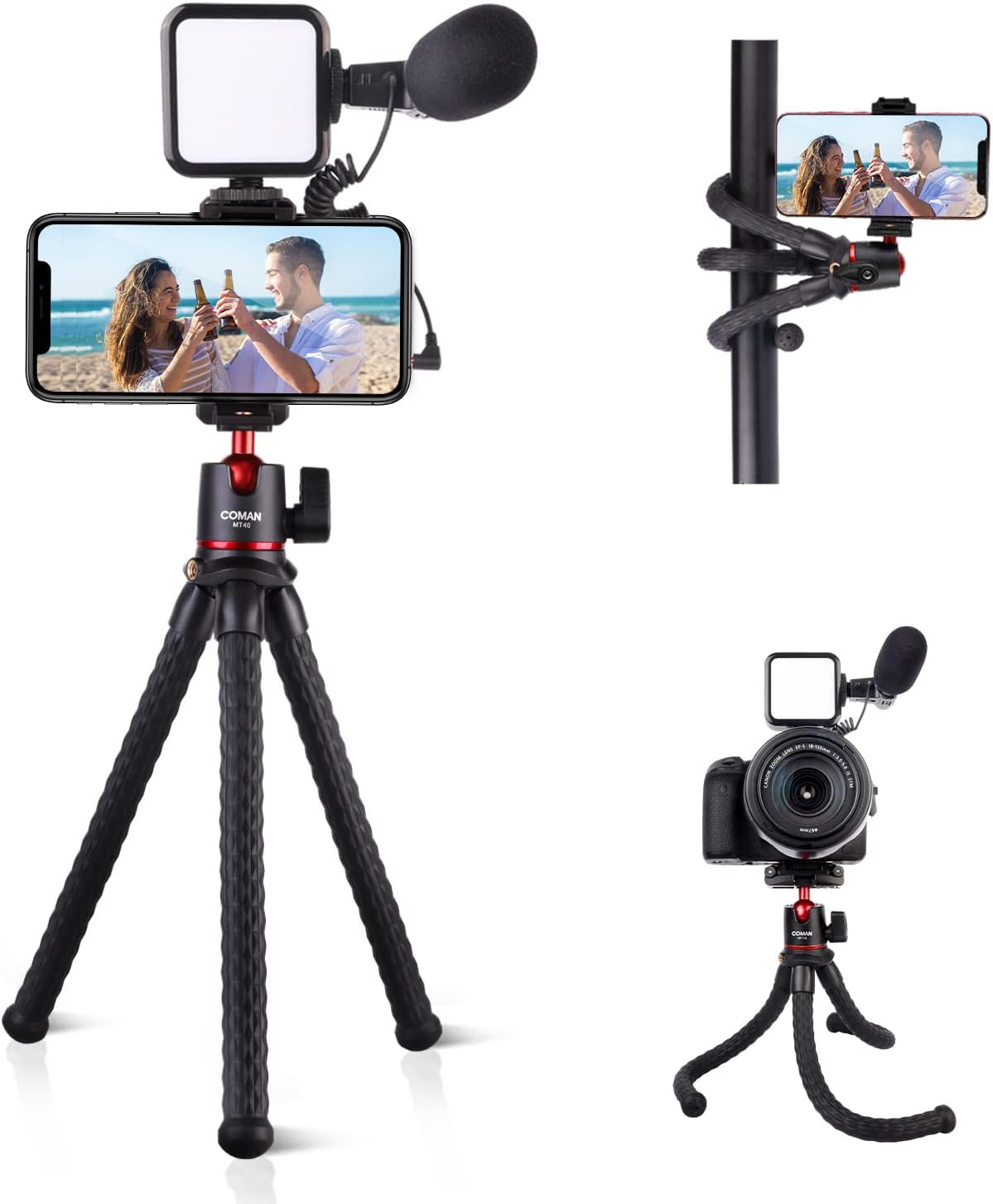 YouTube Starter Vlog Kit,COMAN Vlogging Kit Smartphone Camera 2-in-1 Tripod Stand+Microphone Light Kit,Perfect for Kids Vlogger Video Recording Fitness Yoga Tiktok