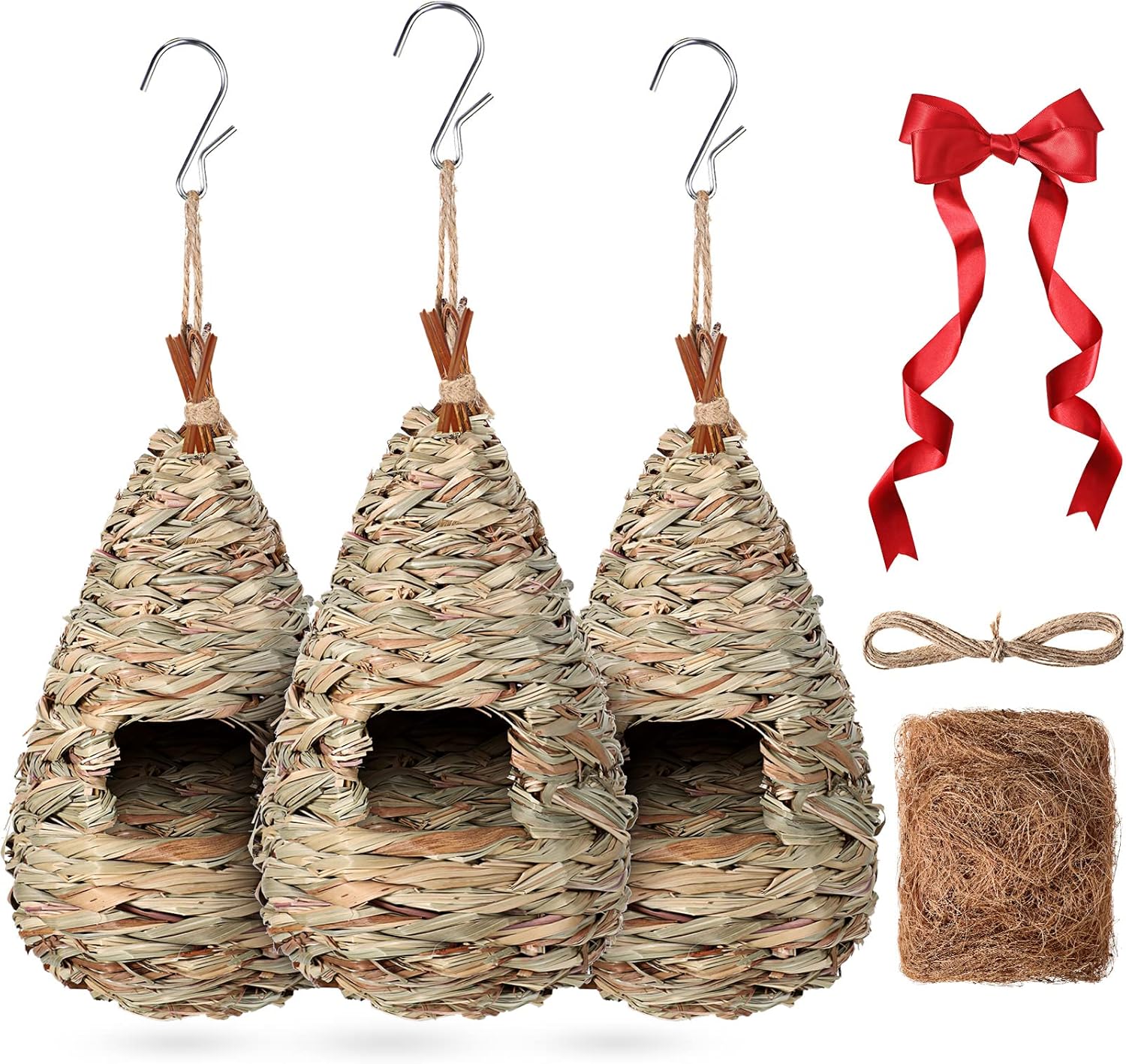 3 Pack Hummingbird Nest House for Outside Hanging Bird Home Hummingbird Gifts with Coconut Fiber Nesting Material Red Ribbon Woven Hummingbird Nest Finch for Gardening Gifts Home Decoration