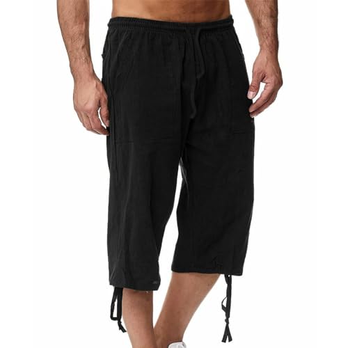 Men Pants Casual Beach Capri Pants Cotton Linen 3/4 Pants Running Workout Tapered Joggers Stylish Elastic Drawstring