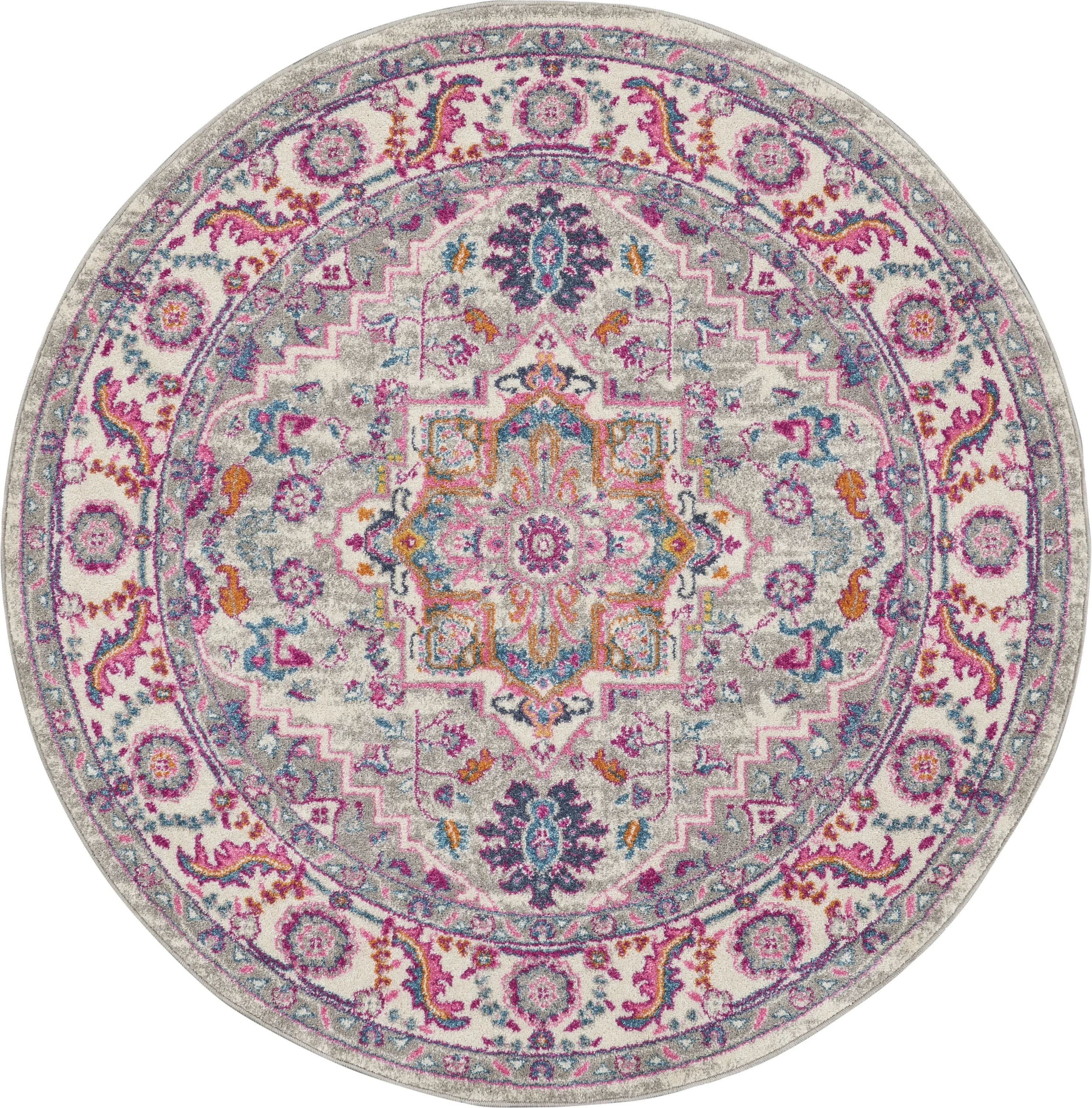 Nourison Passion Light Grey/Pink 4' x Round Area Rug, Boho, Transitional, Bed Room, Living Room, Dining Room, Kitchen, , Easy Cleaning, Non Shedding (4' Round)