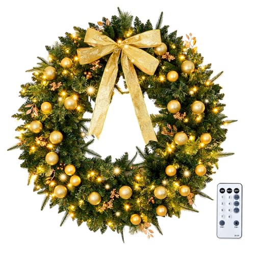 VINGLI 48 Inch Pre-lit Artificial Christmas Wreath, Ourdoor Christmas Wreath Decorations with 150 LED Lights and 450 PVC Branch Tips for Garage, Xmas Door Wreath w/Bow, Pine Cones, Ornaments, Plug-in