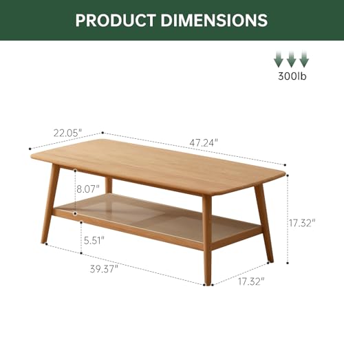 Mid Century Modern Coffee Table with Natural Rattan Storage Shelf, Solid Oak Wood 2-Tier Rectangular Coffee Table for Living Room Easy Assembly (47.24” L x 22” D x 17.32” H)