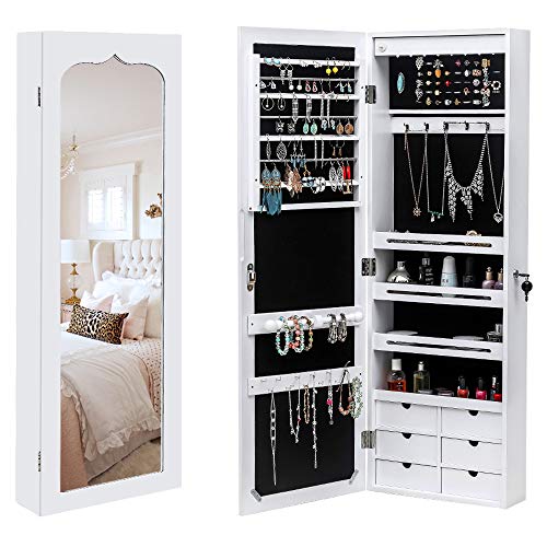 Bonnlo Jewelry Armoire Jewelry Organizer with 8 LEDs, Lockable Large Storage Jewelry Cabinet, Space-Saving Hanging Jewelry Box with Full Length Mirror (White)