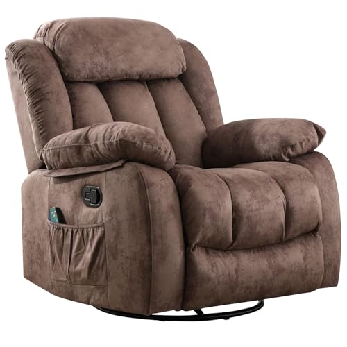 INZOY Massage Swivel Rocker Recliner with Heat and Vibration, Manual Rocking Recliner Chair with Vibrating Massage, Comfy Padded Overstuffed Soft Fabric Heated Recliner, Brown