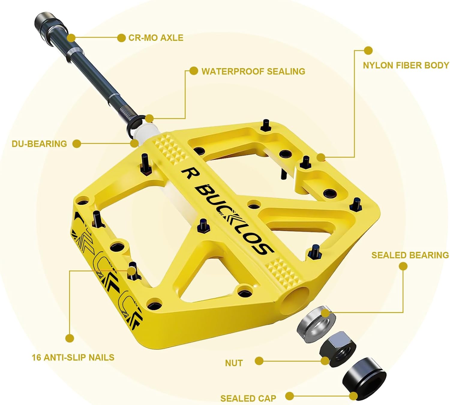 BUCKLOS 104 BCD Mountain Bike Single Speed Crankset, 170mm MTB Square Taper Crankset with Plating Chainring (Multicolor) 30T，Flat Platform MTB Road Bike Adult Yellow Pedals for BMX