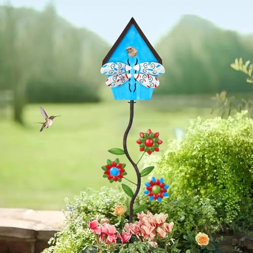 51” Bird Houses Stake for Outside, Metal Wild Bird Feeder Birdhouse Stake Pole with Hummingbird Design Outdoor Decorations for Patio, Backyard, Garden