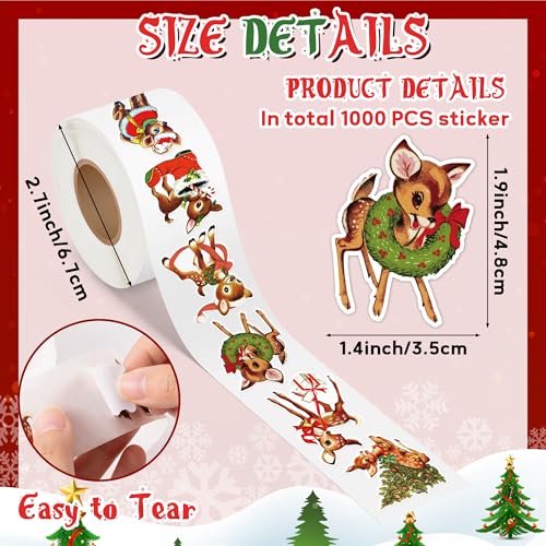Christmas Reindeer Sticker Roll - 1000Pcs Vintage Cartoon Reindeer Stickers Gifts Pack for Kids Teens, Cute Label Decals for Laptop Gift Guitar Skateboard Home Party Decor School Rewards