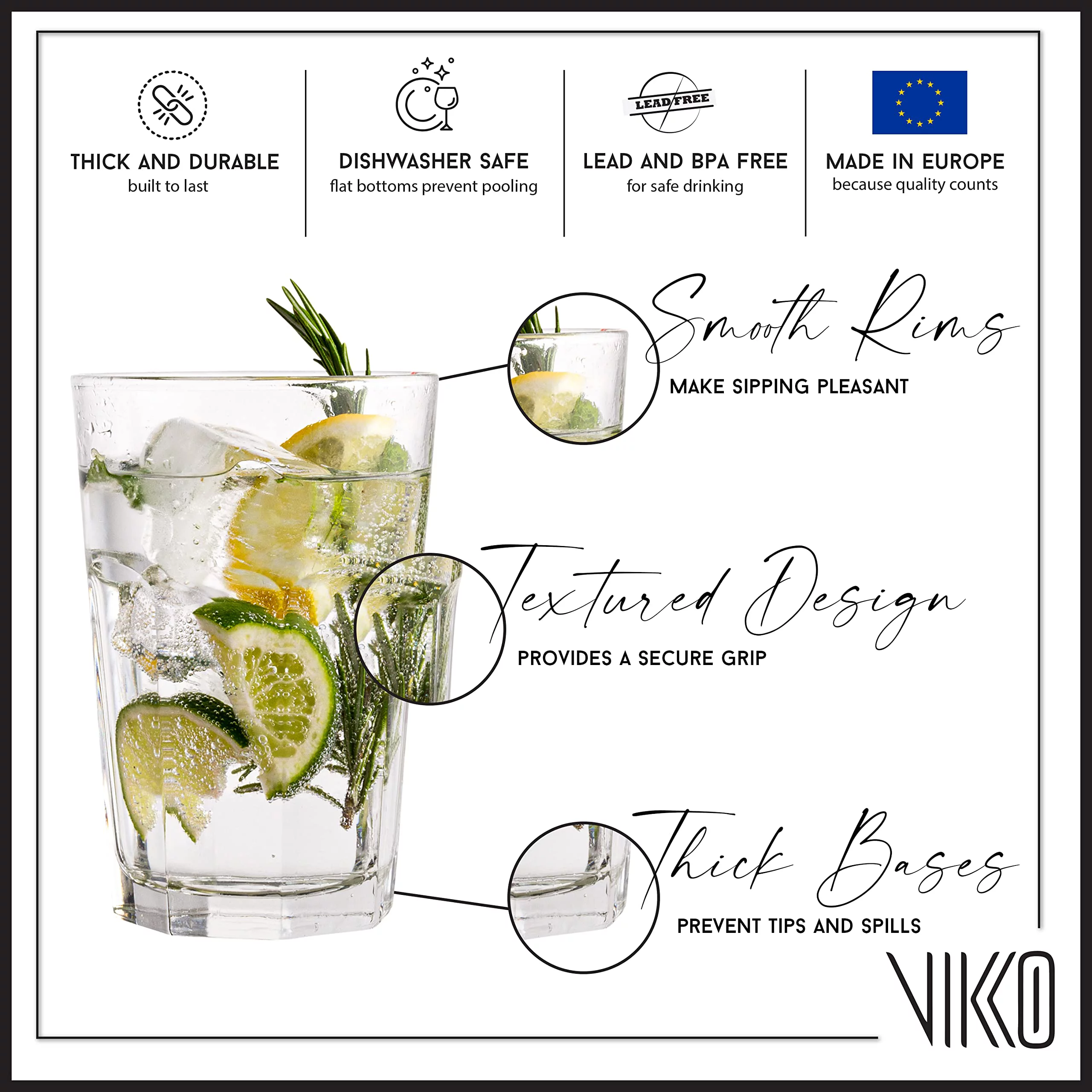 Vikko Drinking Glasses, Set of 6 Juice Glasses 14 Ounce, Thick and Sturdy Kitchen Glasses, Dishwasher Safe Highball Glass Tumbler, Heavy Duty Cups, Water Glasses