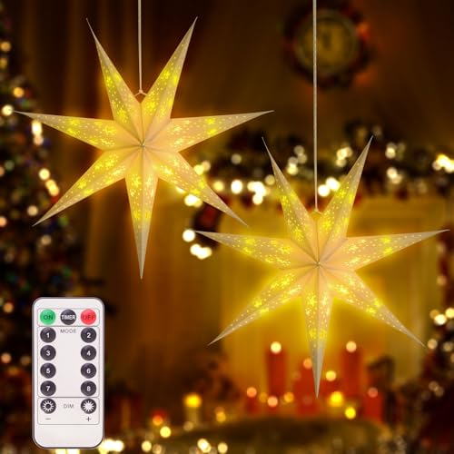 2 Pack 26.8 Inch Paper Star Lantern Christmas Decor with Timer, 3D 8 Modes 7-Pointed Star Diwali Hanging Paper Lights, Christmas Decorations Lamp Indoor for Birthday Wedding Party (White)