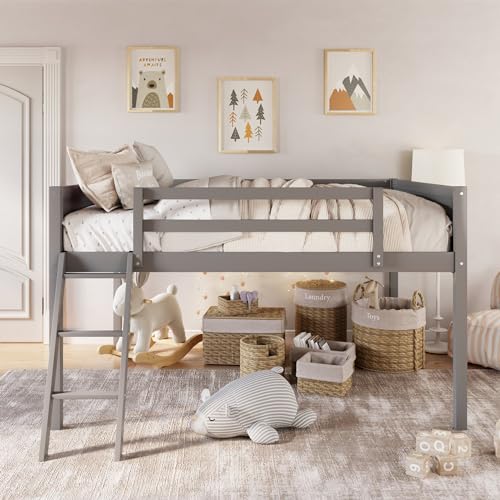 Merax Wood Low Loft Bed with Ladder,Wooden Low Loft Bed with Guardrail for Kids or Teens,Space Saving,No Box Spring Needed,Twin Size, Grey