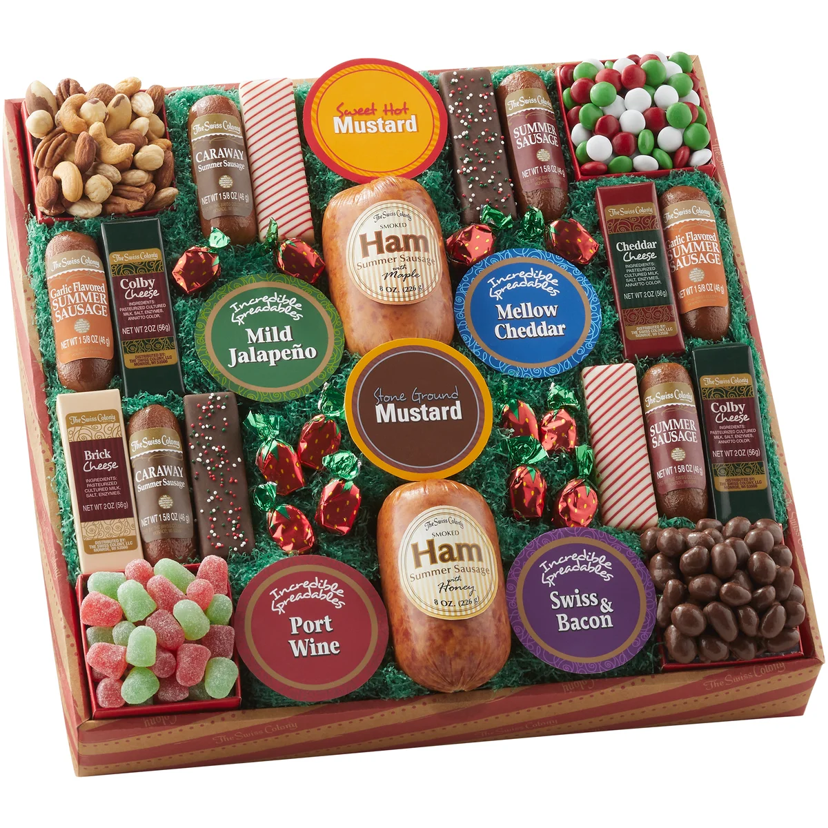 The Swiss Colony 26 Surefire Pleasers - Assorted Holiday Treats with Ham Summer Sausages, Chocolates, Cheese Bars and Logs, and Candy