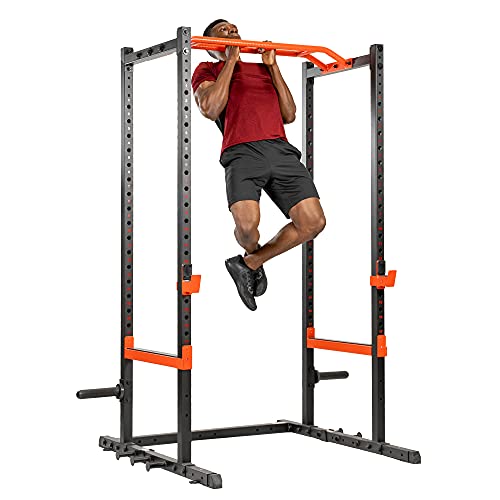Sunny Health & Fitness Power Zone Strength Rack Power Cage - 1000 LB Weight Capacity, Spotter Bar, Angled Pull-Up Bar, J-Hooks, Resistance Band Pins, Optional LAT Pull Down