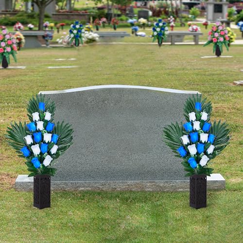 2 Sets Artificial Cemetery Flowers， Outdoor Grave Decorations Roses，Accompanied by 2 Long Nail Vases，Lasting and Non-Bleed Colors (18 Heads (red, Blue, White))