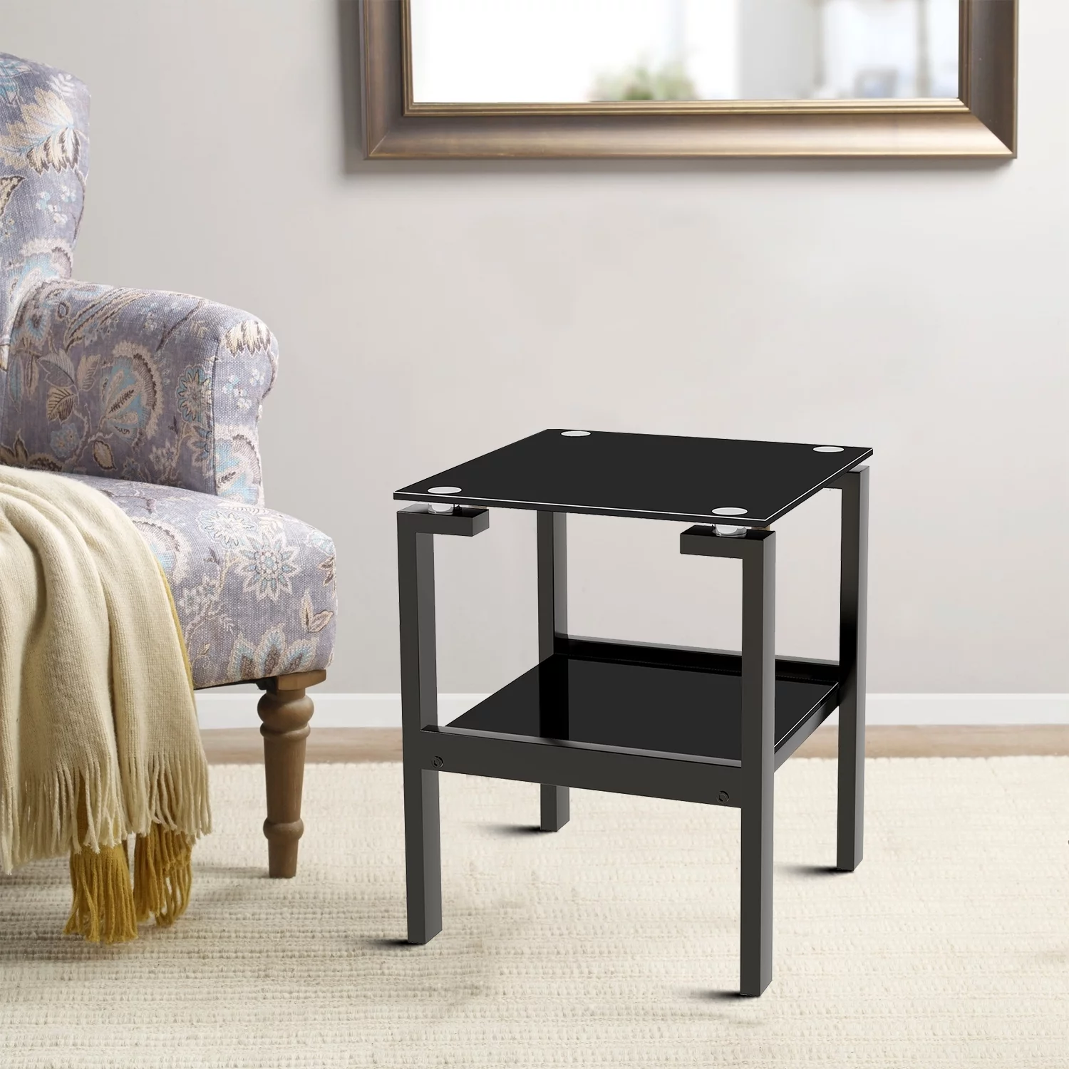 Modern Concise Floor-standing Glass End Table with Metal Legs, Black Glass Table Top and An Open Shelf for Bedroom, Living Room, Black