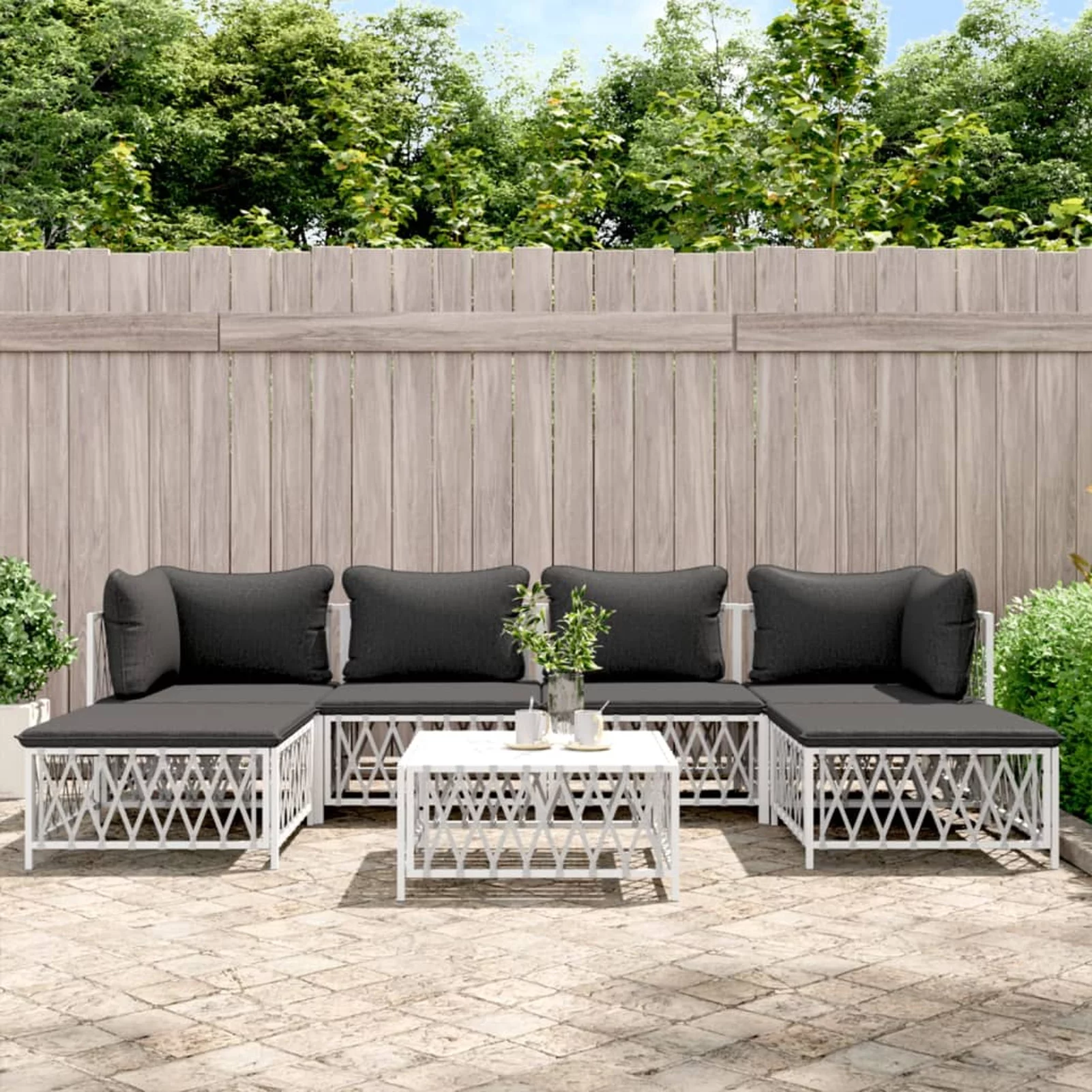 Tomshoo 7 Piece Patio Set with Cushions White Steel