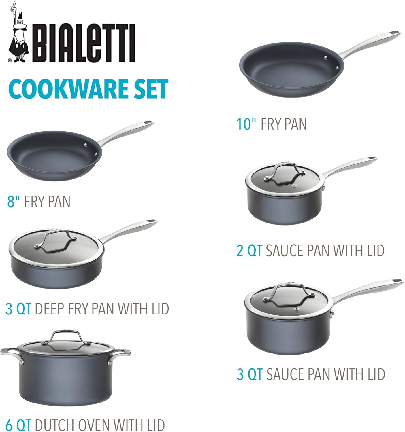 Bialetti Sapphire Hard Anodized Nonstick 10-Piece Oven-Safe Cookware Set, Gray - 10-Piece Set, Hard Anodized Aluminum, Nanotec-Infused Nonstick Surface, Stainless Steel Handles, Versatile, Oven-Safe